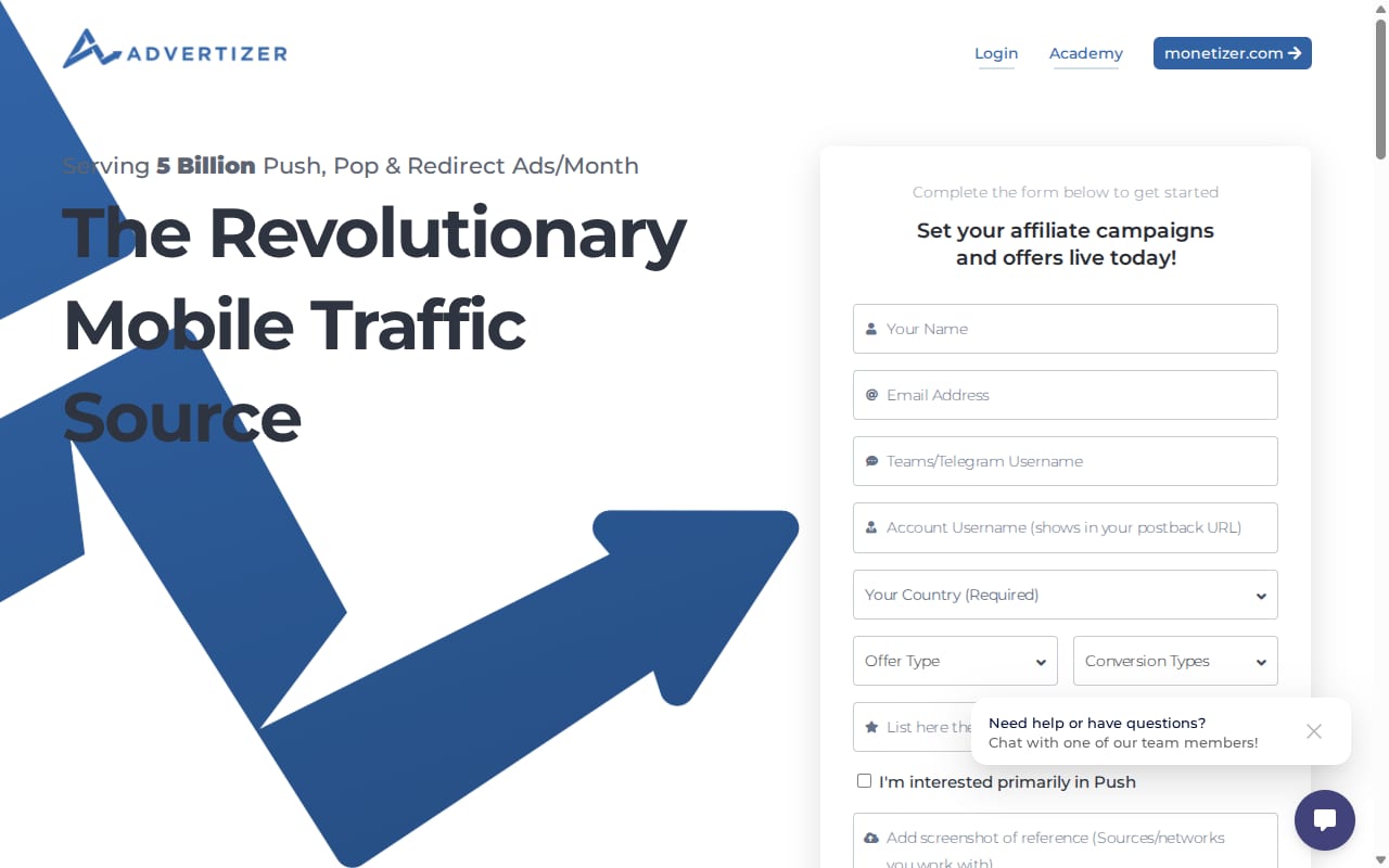 Advertizer website screenshot