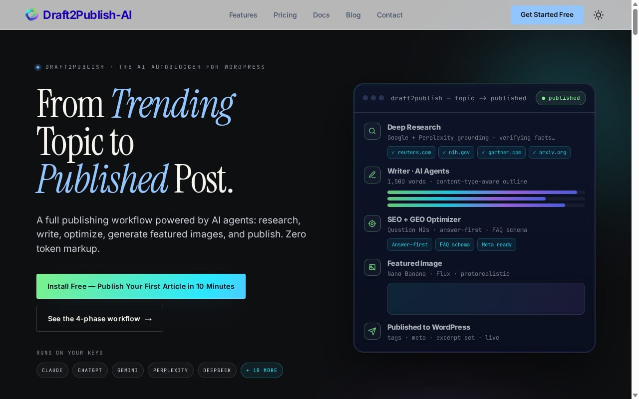 Draft2Publish-AI Affiliate Program website screenshot