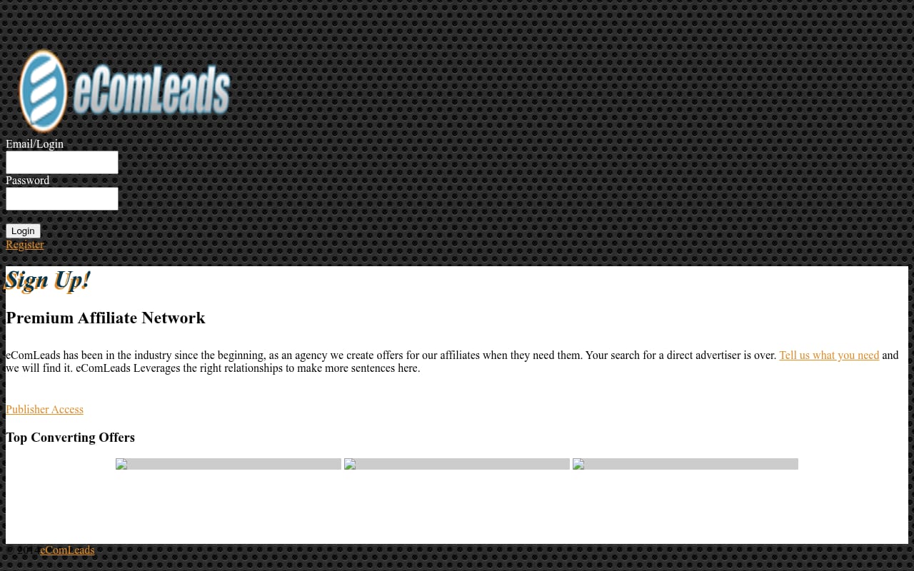 eComLeads Affiliate Network website screenshot
