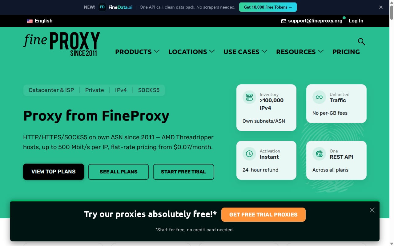 FineProxy Affiliate Program website screenshot