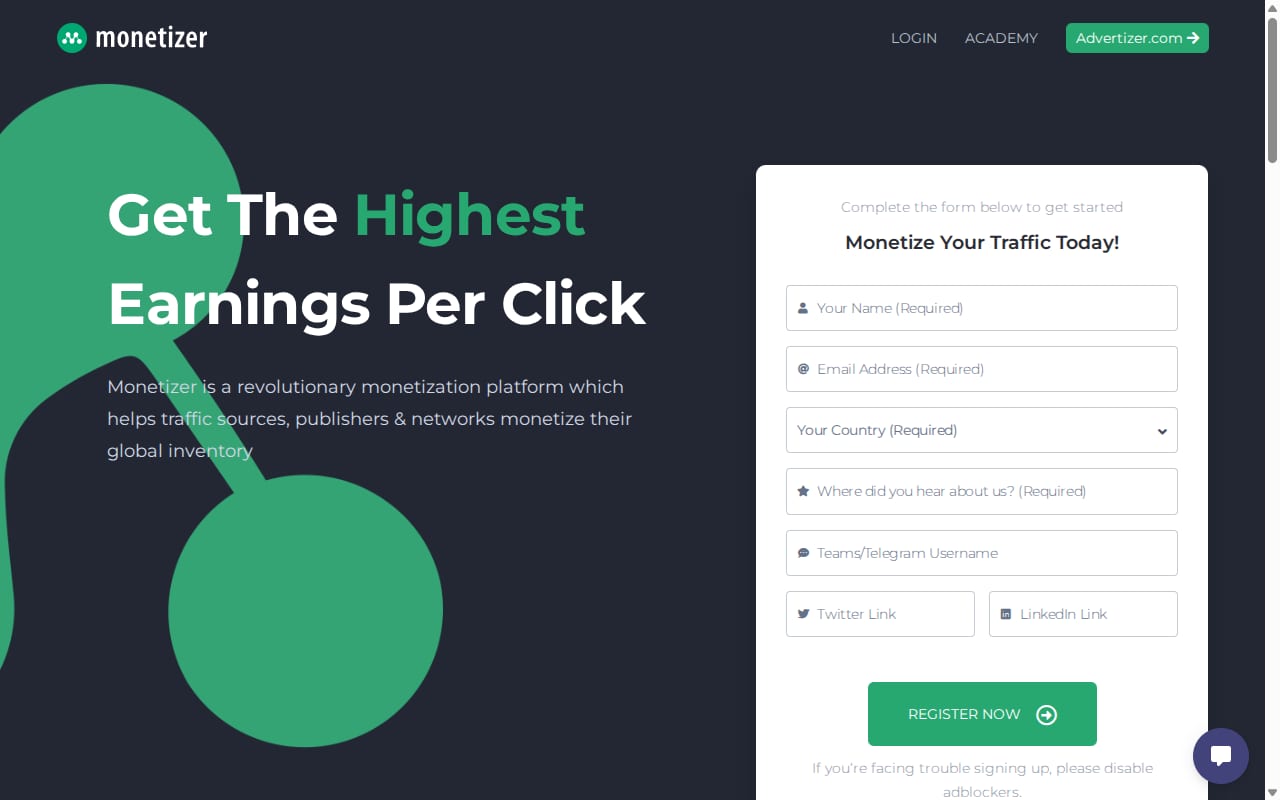 Monetizer website screenshot