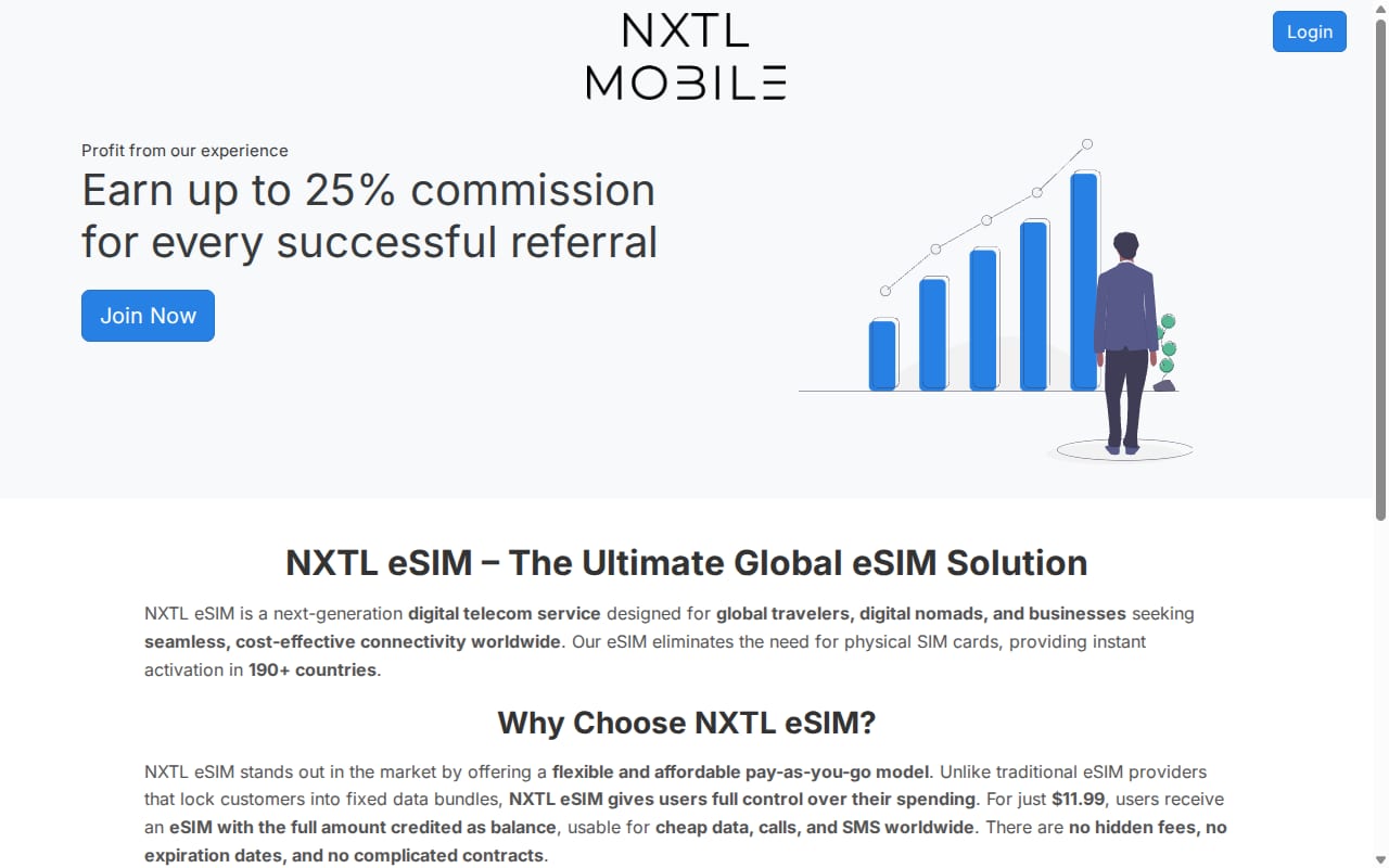 NXTL eSIM Affiliate Program website screenshot