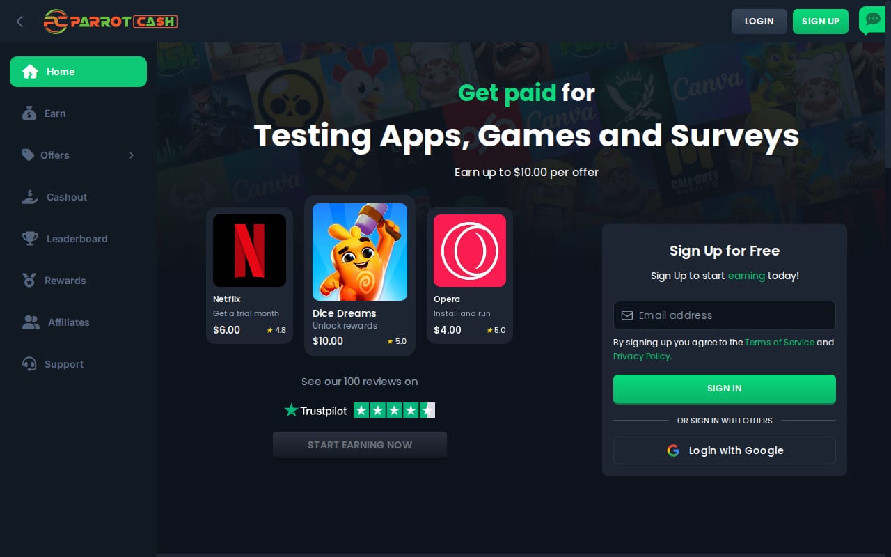 Parrot Cash website screenshot