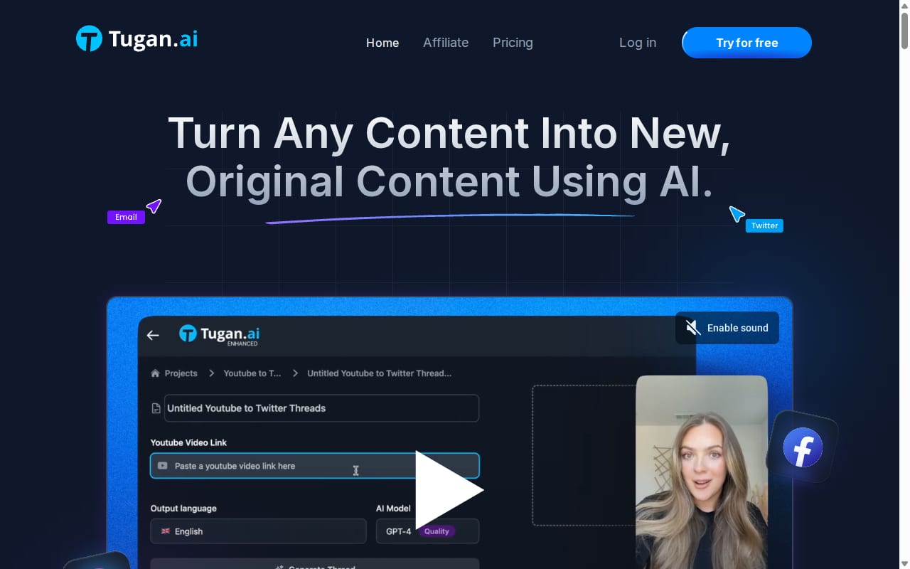 Tugan.ai Affiliate Program website screenshot