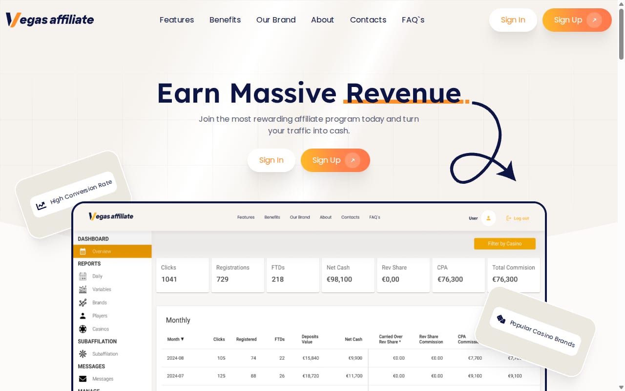 Vegas Affiliate website screenshot