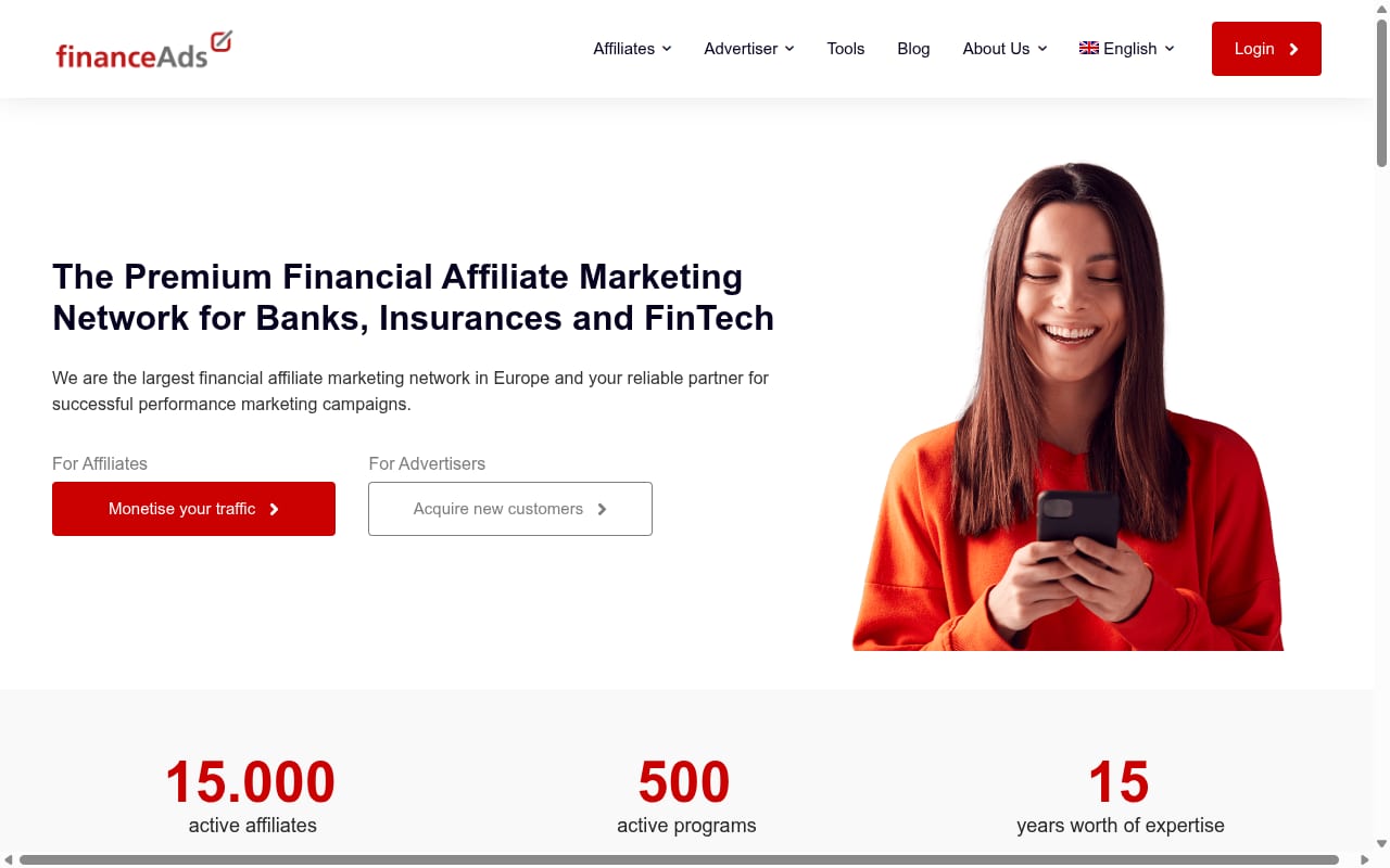FinanceAds website screenshot