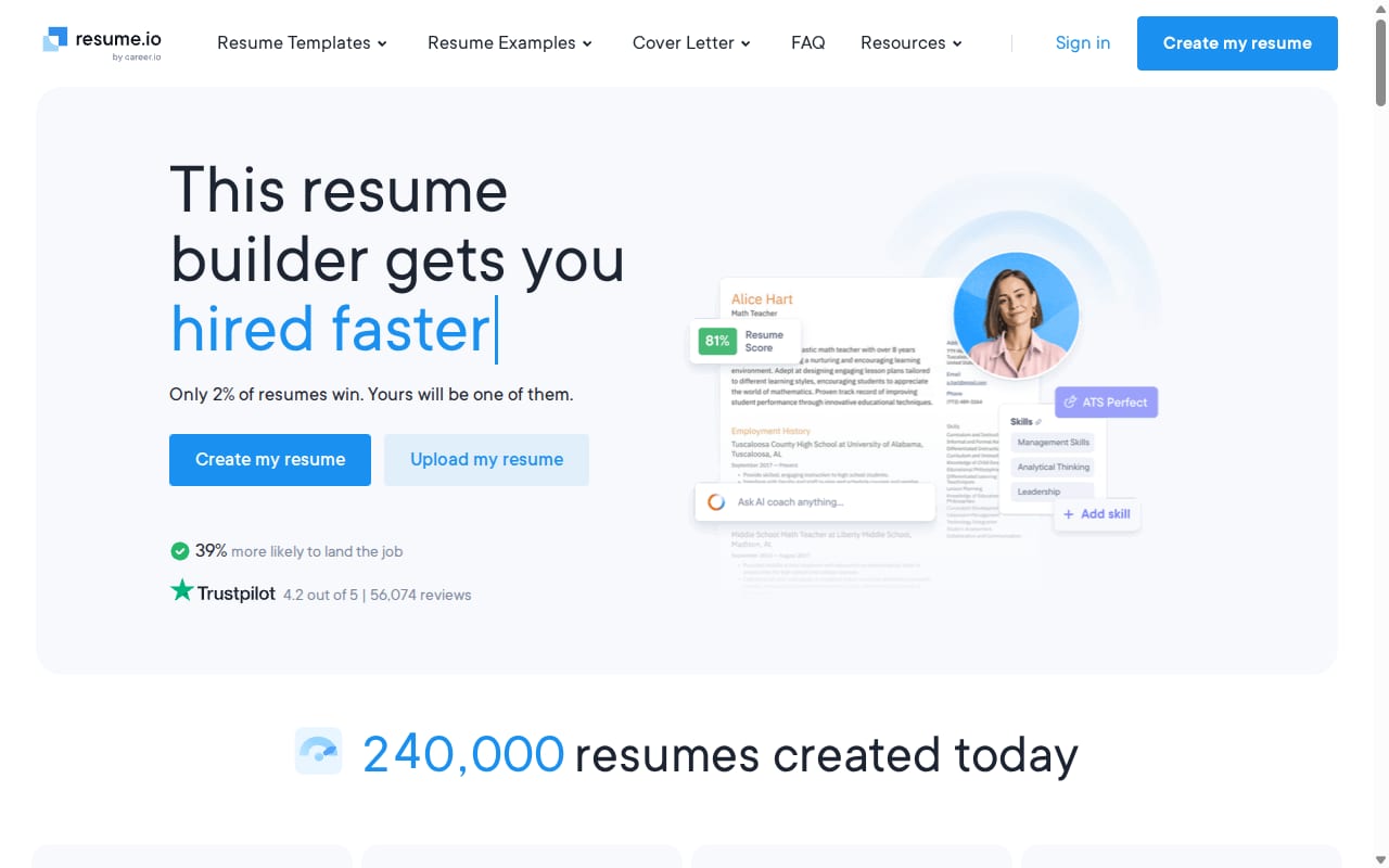 Resume.io website screenshot